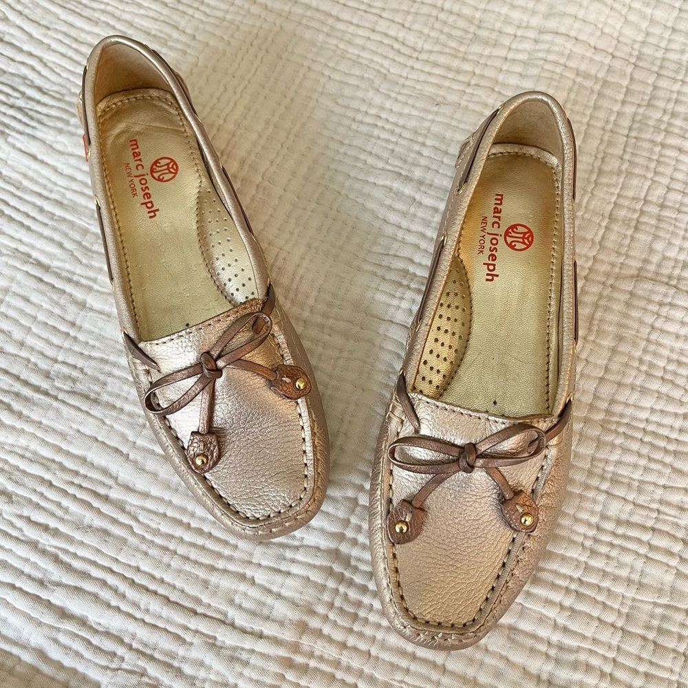 Marc Joseph | Gold Pebble Leather Tassel Driving Loafers